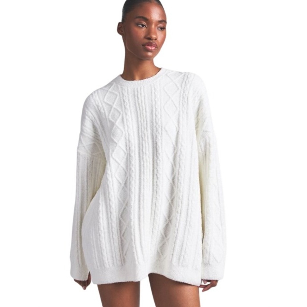 Skims Cozy Cable Knit Oversized Crewneck Pullover PL-PLO-7112W Ivory L/XL